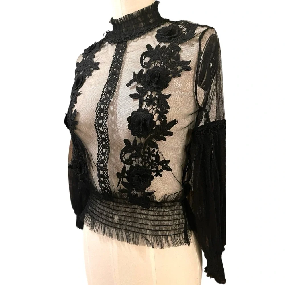 ❤️ Victorian x Gothic Tulle Lace Bell Sleeve Sheer Blouse - Picture 6 of 12